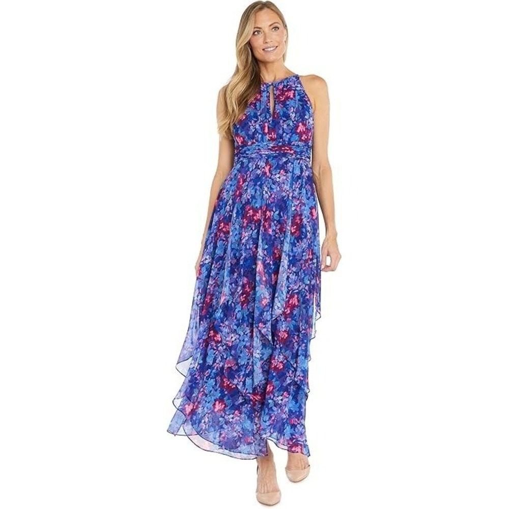 R&M Richards Dress Womens 10P Blue Floral High Neck Maxi Chiffon Lined Formal